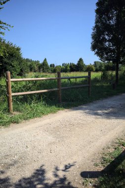 Yol ve ahşap korkuluklar, güneşli bir günde bir parktaki çayırın yanındaki su deresinin üzerinde.