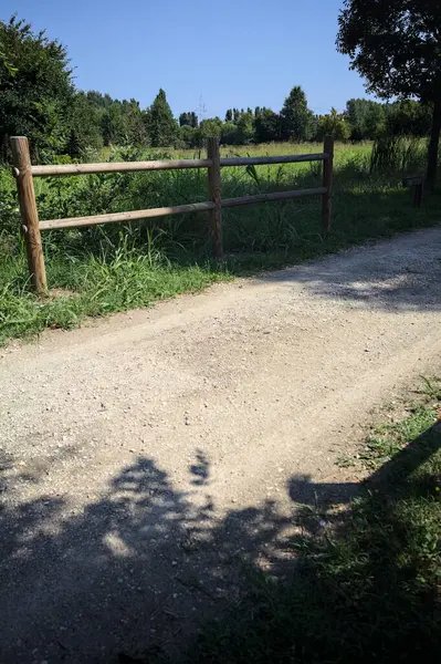 Yol ve ahşap korkuluklar, güneşli bir günde bir parktaki çayırın yanındaki su deresinin üzerinde.