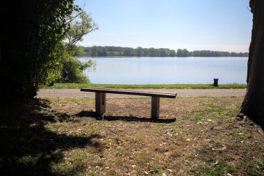 Gölün kıyısındaki çimenlikte bir bank. Ufukta karşı kıyıda parkı olan bir ağaç tarafından çerçevelenmiş.