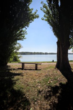 Gölün kıyısındaki çimenlikte bir bank. Ufukta karşı kıyıda parkı olan bir ağaç tarafından çerçevelenmiş.