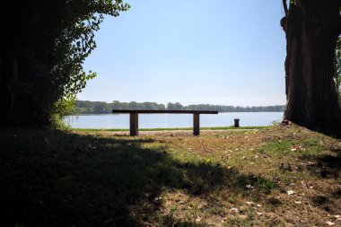 Gölün kıyısındaki çimenlikte bir bank. Ufukta karşı kıyıda parkı olan bir ağaç tarafından çerçevelenmiş.