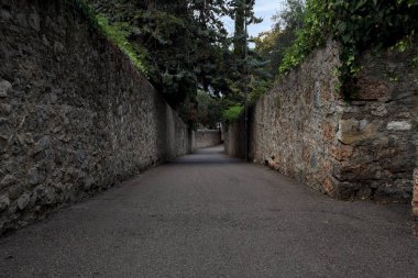 Bulutlu bir günde, İtalya 'nın bir köyünde ağaçlarla çevrili taştan duvarlarla çevrili taştan bir geçit.
