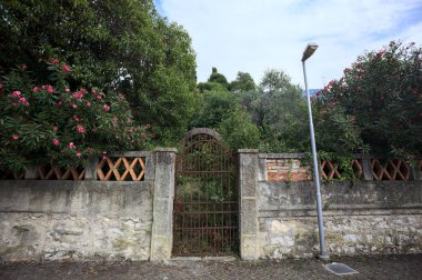 Paslı bir kapı eskimiş bir beton duvarın içinde. Arkasında da bulutlu bir günde asfalt bir patikanın kenarında bir bahçe var.