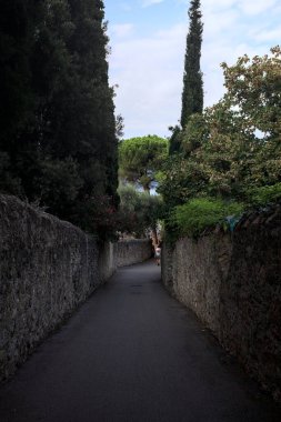 Bulutlu bir günde, İtalya 'nın bir köyünde ağaçlarla çevrili taştan duvarlarla çevrili taştan bir geçit.