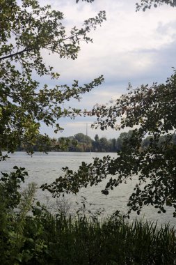 Bulutlu bir günde göl karşı kıyıya görünür ve iki ağaç tarafından çerçevelenir