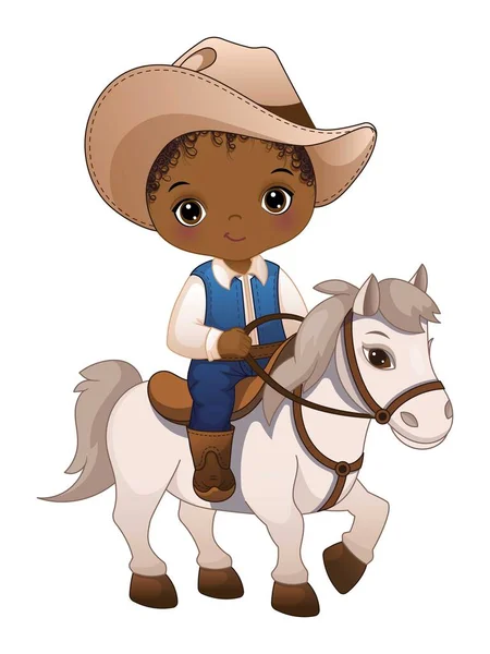 Bonito Cowboy Preto Montando Cavalo Cowboy Afro Encaracolado Usando Chapéu — Vetor de Stock