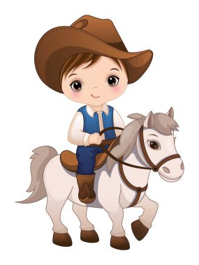 Şirin küçük kovboy ata biniyor. Kovboy esmer, şapka, bot ve kot elbise giyiyor. Kovboy vektör illüstrasyonu