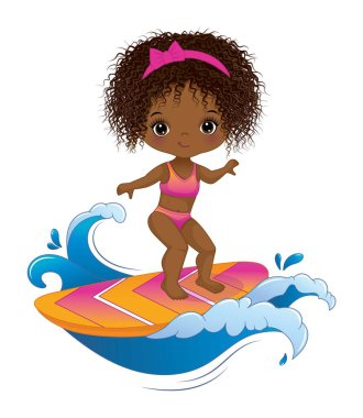 Pembe ve sarı mayo giyen şirin afro kız sörf yapıyor. Siyah kız kıvırcık. Afrikalı Amerikalı kız sörf vektörü çizimi