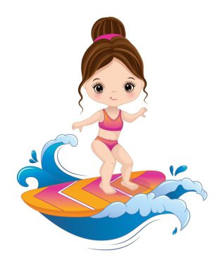 Pembe ve sarı mayo giyen tatlı kız sörf yapıyor. Küçük kız, esmer ve ela gözlü. Kız sörf vektörü illüstrasyonu