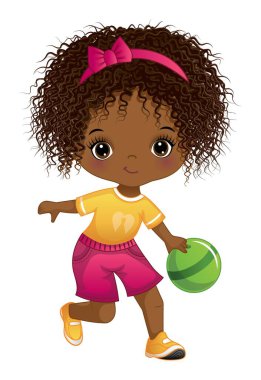 Pembe ve sarı spor üniformalı şirin afro kız bowling oynuyor. Siyah kız kıvırcık. Afro-Amerikalı kız bowling vektörü illüstrasyonu