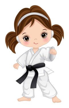 Sevimli, karate yapan küçük bir kız. Küçük kız ela gözlü esmer bir kız. Siyah kuşaklı beyaz kimono giyen bir kız. Karate kızı vektör illüstrasyonu