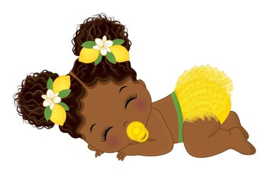 İki afro puf saçlı, sarı fırfırlı bebek bezi ve limonlu saç bandı takan tatlı siyah bir kız. Emzik kullanan Afrikalı Amerikalı bir kız bebek. Kız bebek partisi vektör illüstrasyonu