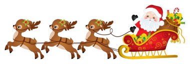 Kırmızı takım elbiseli şirin Noel Baba çizgi filmi ren geyiği kızağına biniyor. Noel Baba çocuklara Noel hediyesi getiriyor. Noel Baba vektör illüstrasyonu