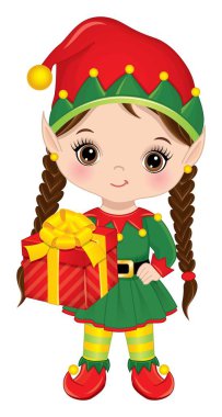 Yeşil ve kırmızı elbise, şapka, ayakkabı ve çizgili çorap giyen şirin bir elf kızı. Elf kızı at kuyruklu esmer ve elinde Noel hediyesi kutusu var. Elf kız vektör illüstrasyonu