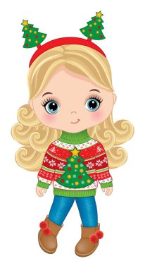 Noel süveteri, kot pantolon, çirkin botlar ve Noel ağacı saç bandı giyen tatlı bebek kız. Beyaz kız sarışın, uzun kıvırcık saçlı ve mavi gözlü. Noel kızı vektör illüstrasyonu