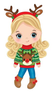 Noel süveteri, kot pantolon, çirkin botlar ve geyik boynuzu tokası takan tatlı bir kız. Beyaz kız sarışın, uzun kıvırcık saçlı ve mavi gözlü. Noel kızı vektör illüstrasyonu