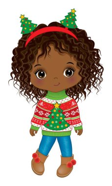 Noel süveteri, kot pantolon, çirkin botlar ve Noel ağacı saç bandı giyen tatlı Afro-Amerikalı kız. Kıvırcık saçlı afro kız. Noel siyahi kız vektör illüstrasyonu
