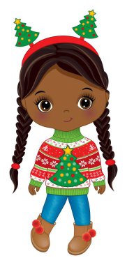 Noel süveteri, kot pantolon, çirkin botlar ve Noel ağacı saç bandı giyen tatlı Afro-Amerikalı kız. Örgü saçlı afro kız. Noel siyahi kız vektör illüstrasyonu
