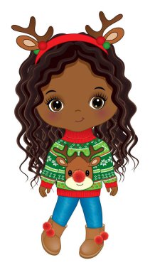 Noel süveteri, kot pantolon, ugg botlar ve geyik boynuzu bandı takan sevimli Afro-Amerikalı kız. Uzun, kıvırcık saçlı siyah kız. Noel afro kız vektör illüstrasyonu