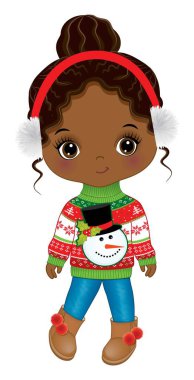 Noel süveteri, kardan adam, kot pantolon, çirkin botlar ve kulaklık giyen sevimli Afro-Amerikalı kız. Çörekli kız. Noel siyahi kız vektör illüstrasyonu