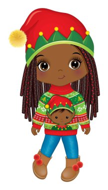 Noel süveteri ve Elf şapkası giyen tatlı Afro-Amerikan kız. Örgülü örgülü Afro kız. Noel siyahi kız vektör illüstrasyonu