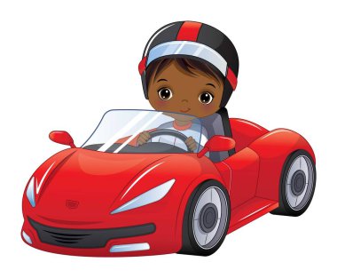 Yarış arabası süren sevimli siyah çocuk. Kask takan afro çocuk. Formula 1 vektör illüstrasyonu