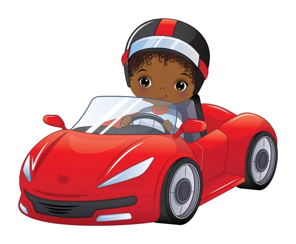 Bonito Menino Negro Dirigindo Carro Corrida Afro Encaracolado Ilustração Vetorial —  Vetores de Stock