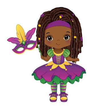 Karnaval mor, altın ve yeşil maskeli tatlı Afro-Amerikan Mardi Gras kızı. Rastalı Mardi Gras kızı. Mardid Gras kız vektör çizimi