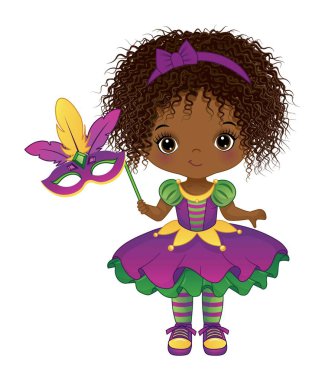 Karnaval mor, altın ve yeşil maskeli tatlı Afro-Amerikan Mardi Gras kızı. Afro kız kıvırcık. Mardid Gras kız vektör çizimi