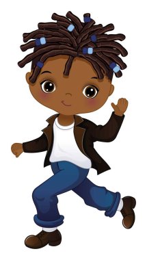 Retro ceket, gömlek, kot pantolon ve rock 'n roll yapan ayakkabılar giyen sevimli siyah çocuk. Saçlı afro çocuk. Sock hop parti vektör illüstrasyonu