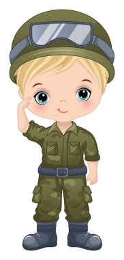  Askeri kamuflaj üniforması giyen, gözlüklü ve botlu miğferi olan küçük bir çocuk. Şirin çocuk sarışın ve mavi gözlü. Askeri çocuk vektör illüstrasyonu