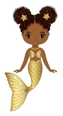 Altın kuyruklu sevimli siyah deniz kızı, inci kolye, denizyıldızı ve deniz kabuğu sütyeni. İki afro pufla güzel bir deniz kızı. Afro-Amerikan deniz kızı vektör çizimi