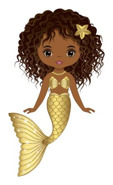 Altın kuyruklu, deniz yıldızı, inci kolye ve deniz kabuğundan sütyen takan sevimli siyah deniz kızı. Güzel denizkızı kıvırcıktır. Afro-Amerikan deniz kızı vektör çizimi