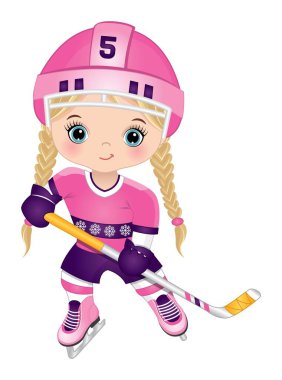 Pembe ve mor spor üniformalı şirin kız hokey oynuyor. Küçük kız sarışın, mavi gözlü ve at kuyruklu. Hokey oyuncusu vektör illüstrasyonu