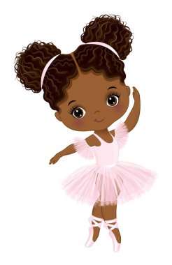 Dans eden sevimli Afrikalı Amerikalı balerin. Pastel pembe etekli elbise ve sivri ayakkabılar giyen siyah balerin. İki afro pufla küçük bir balerin. Afrikalı Amerikalı balerin vektör illüstrasyonu
