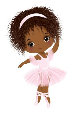 Dans eden sevimli Afrikalı Amerikalı balerin. Pastel pembe etek, saç bandı ve sivri ayakkabılar giyen siyah balerin. Kıvırcık saçlı küçük balerin. Afrikalı Amerikalı balerin vektör illüstrasyonu