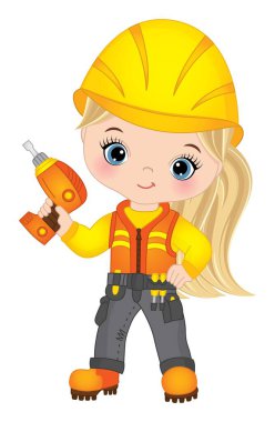 Küçük şirin kız sondaj yapıyor. Vektör inşaatı. Mavi gözlü, inşaat üniforması giyen sarışın bir vektör. Küçük yapıcı vektör illüstrasyonu