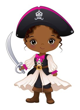 Kılıç tutan tatlı Afrikalı Amerikalı korsan kız. Afro küçük kız kıvırcık. Korsan siyah kız vektör illüstrasyonu