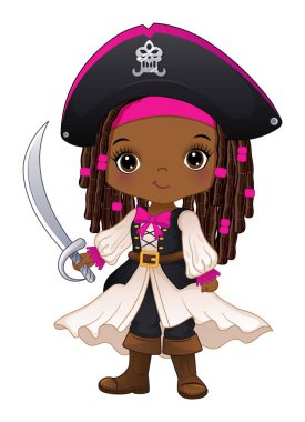 Cute African American pirate girl holding sword. Afro little girl with dreadlocks. Pirate black girl vector illustration clipart