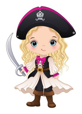 Korse giyip, şapka kuşanmış, kılıç tutan tatlı bir korsan kız. Küçük kız kıvırcık saçlı, uzun saçlı, mavi gözlü, beyaz arka planda soyutlanmış. Korsan kız vektör illüstrasyonu 
