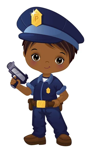 身穿蓝色警服 头戴帽子 脚拿着枪的黑人小男孩 可爱的非洲裔美国男孩 小男孩警察矢量图解 — 图库矢量图片
