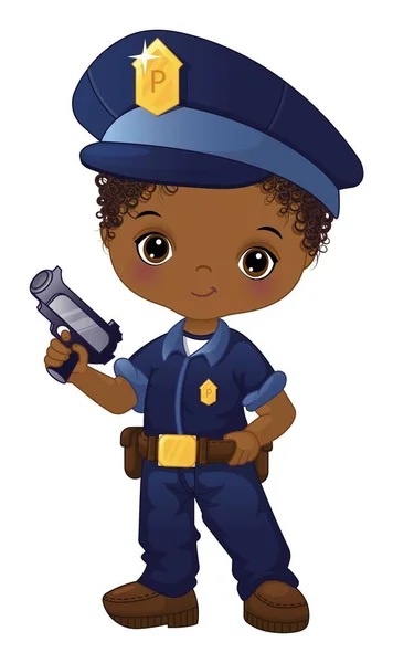 身穿蓝色警服 头戴帽子 脚拿着枪的黑人小男孩 可爱的非裔美国男孩是卷曲的 小男孩警察矢量图解 — 图库矢量图片