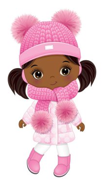 Şirin, pembe kış kıyafeti giyen küçük bir kız. Pom pon, ceket ve çizmeli örgü şapka ve atkı. At kuyruklu küçük siyah kız. Havalı Afrikalı Amerikalı kız vektör illüstrasyonu