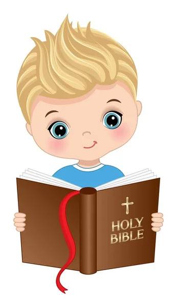 Rapazinho Giro Estudar Bíblia Sagrada Rapaz Caucasiano Louro Com Olhos — Vetor de Stock