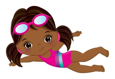 Pembe mayo ve gözlük takıp yüzmeyi öğrenen sevimli Afro-Amerikan kız. At kuyruklu siyah kız. Küçük yüzücü vektör çizimi