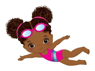 Pembe mayo ve gözlük takıp yüzmeyi öğrenen sevimli Afro-Amerikan kız. İki afro pufla siyah kız. Küçük yüzücü vektör çizimi