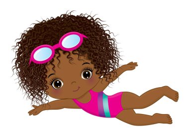 Pembe mayolu ve gözlüklü şirin siyah kız yüzmeyi öğreniyor. Afrikalı Amerikalı kız kıvırcık. Küçük yüzücü vektör çizimi