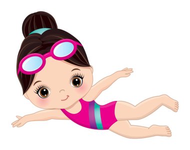 Pembe mayolu ve gözlüklü tatlı kız yüzmeyi öğreniyor. Kafkasyalı küçük, koyu saçlı, kestane rengi gözlü. Küçük yüzücü vektör çizimi