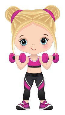 Pembe ve siyah spor tayt giyen, spor ayakkabı giyen şirin bir kız. Beyaz kız sarışın, çörekleri ve mavi gözleri var. Dambıl vektör illüstrasyonlu fitness kızı