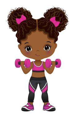 Pembe ve siyah spor tozluklu, spor ayakkabılı, spor ayakkabılı şirin bir Afrikalı kız. İki afro pufla siyah kız. Dambıl vektör illüstrasyonlu fitness siyahi kız